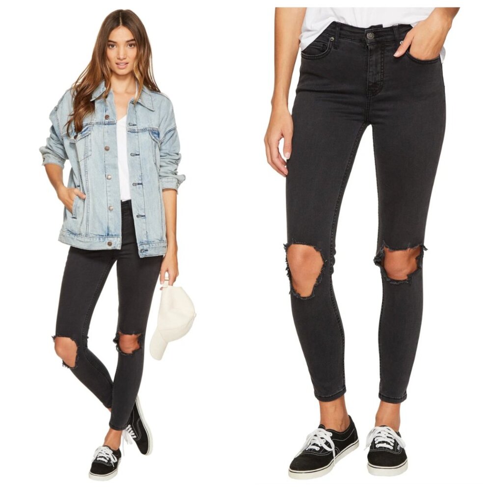 Free People Charcoal Grey Black Busted Destroyed High Rise Skinny Jeans